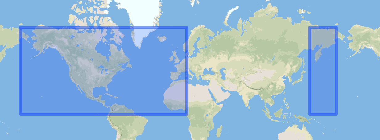 Bounding box broken into two shapes: the first covering the North Pacific Ocean starting at the antimeridian, including Alaska, and the majority of North America, and the North Atlantic Ocean, and the second that covers the portion of the North Pacific Ocean including parts of Russia.