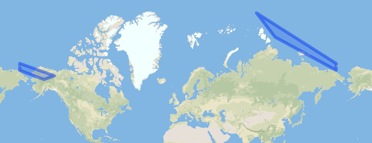 Trapezoid broken into two shapes: the first through the East Siberian Sea at the right edge of the map, and the second that crosses into Alaska on the left side of the map.