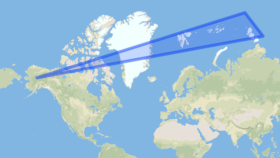 Triangle-shaped trapezoid from the East Siberian Sea that ends in Alaska by going through Greenland and Canada