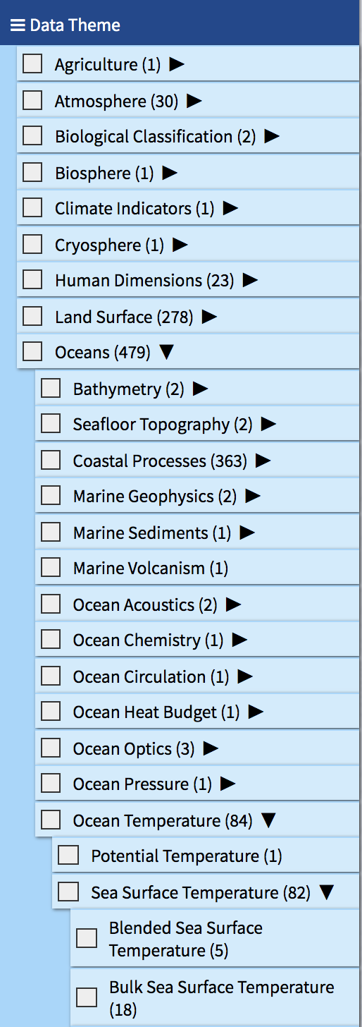 Data Theme category expanded to show multiple sub-keywords under "Oceans"