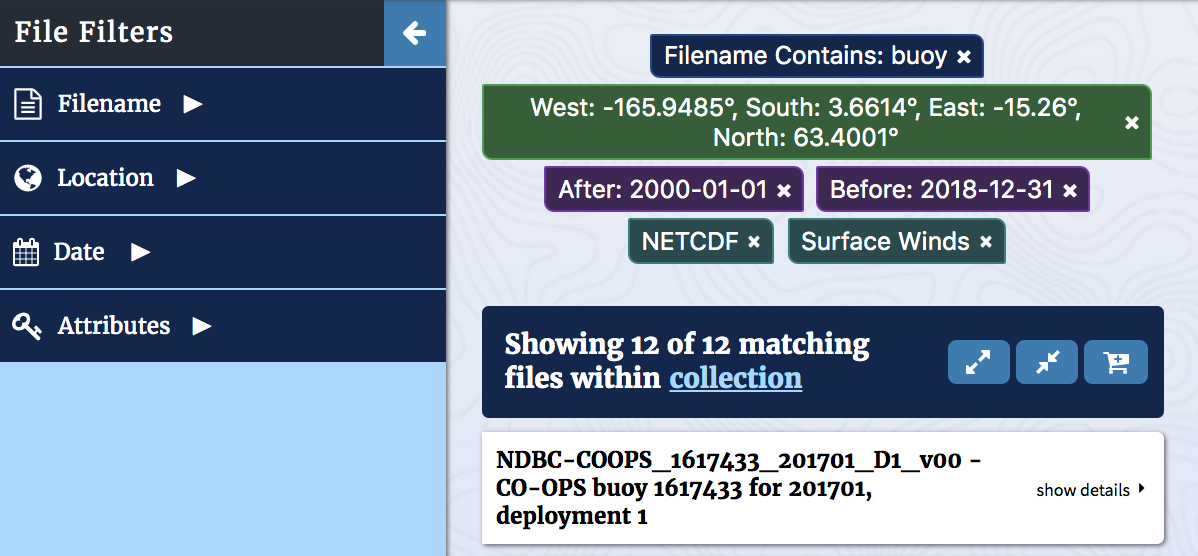 File results view with tags for every available filter type shown