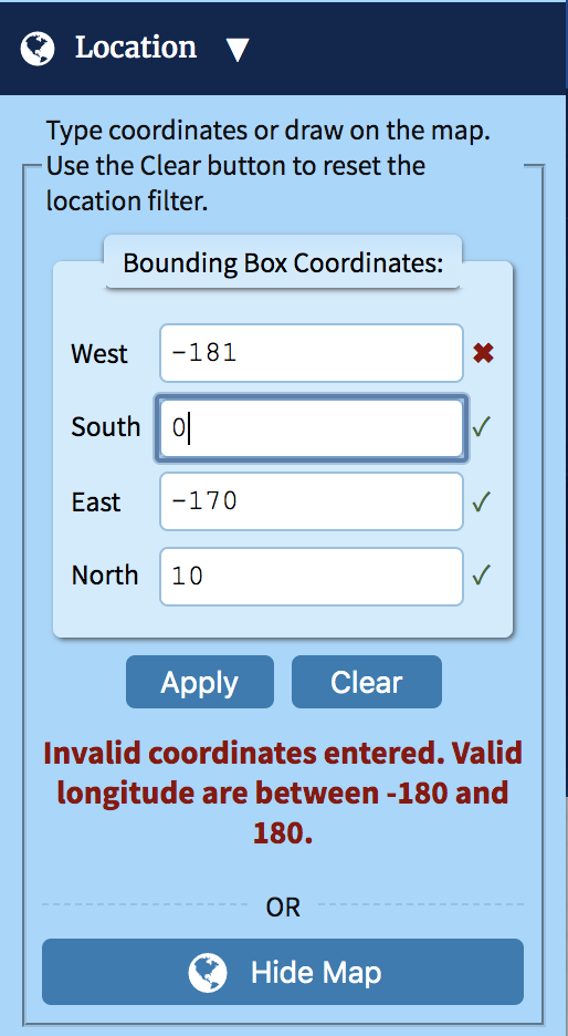 Invalid coordinates and warning shown on location filter