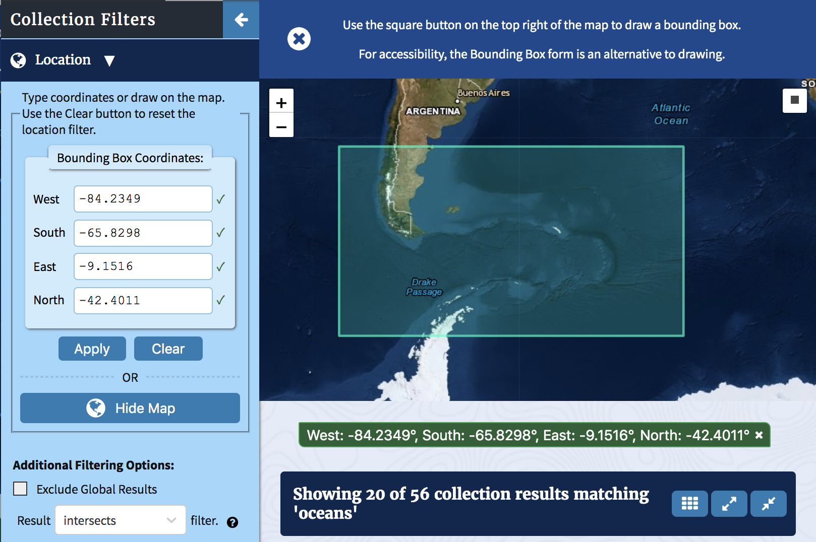 Location filter with map visible