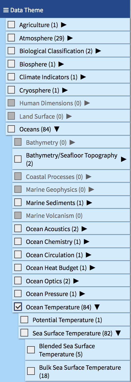 Data Theme category expanded with a keyword selected