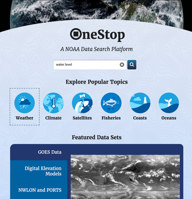 Landing page with "water level" in text bar and "Weather" topic in focus